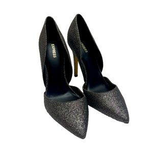 Express Glitter  Heels Shoes Stiletto Pointed Silver Gray Sz 9